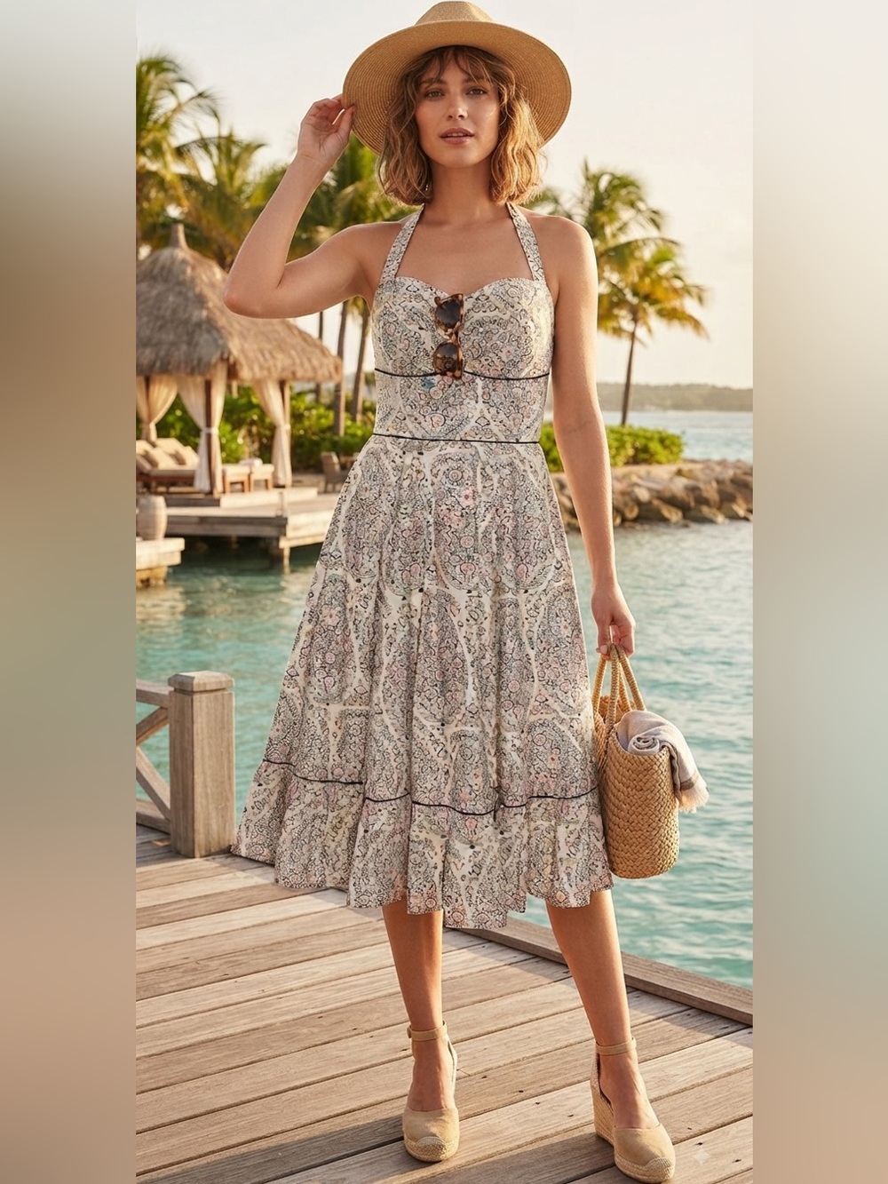 Anthropologie multi color fit flare halter dress